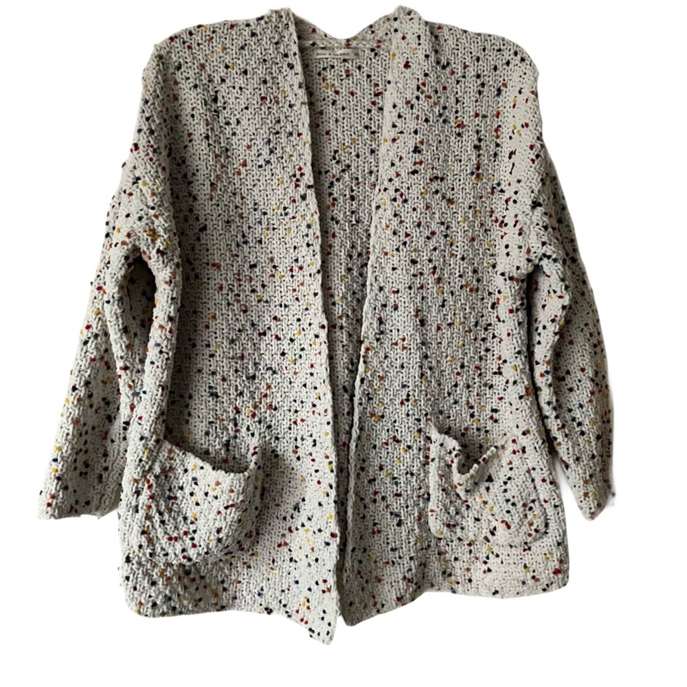 Moon & Madison Cardigan, Sz. XS, White w/ Multicolored Mini Pompoms